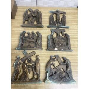 Handmade VTG Set (6) Stations Of The Cross Plaque Set Molded Plaster Of Paris